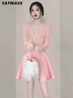 yatwavs summer sweet elegant pink mini dresses for women fashion sexy v collar splicing mesh puff sleeve party a line dress