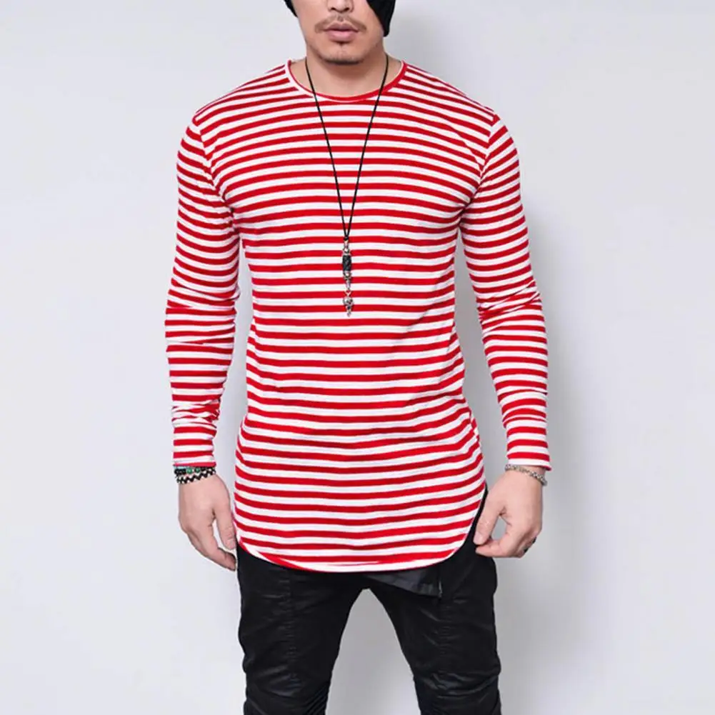 

2022 Spring Striped Men T-Shirt Fashion Long Sleeve High Elastic Casual Streetwear Irregular Male Slim M-3XL Oversize Clothing