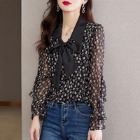 fashion lapel printed spliced loose ruffles bow chiffon shirt summer and autumn casual tops oversized commute womens blouse