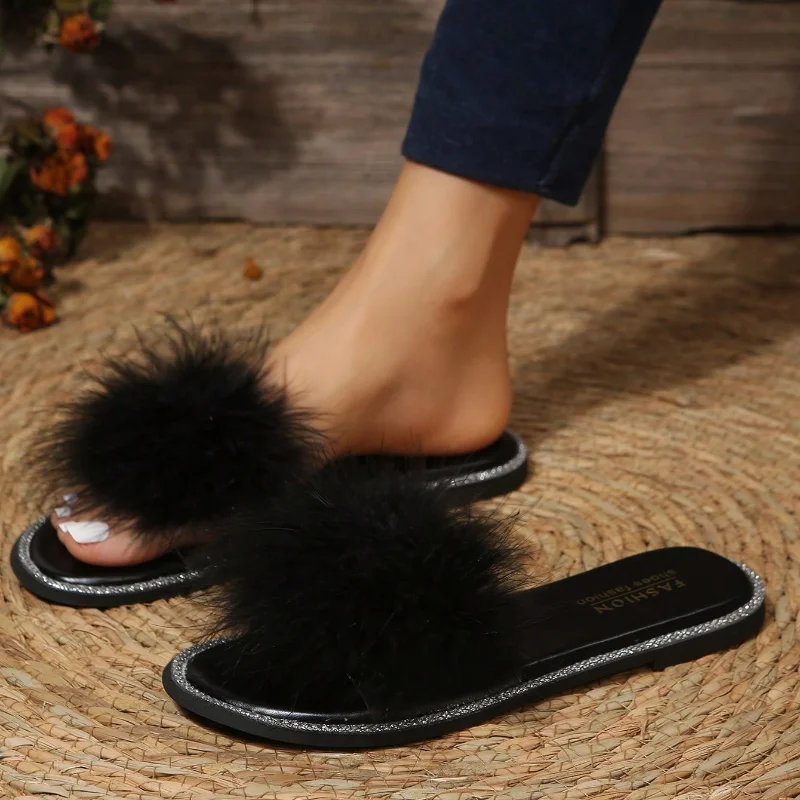 Women Cute Fluffy Decor Fashion Slides Glamorous Summer Leisure Flats One-strap Outdoor Wide Sandals Open Toe Beach Lovely Shoes
