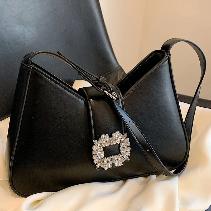 

Rhinestone Decoration Elegant Handbag for Women Black Pu Leather Delicate Ladys Crossbody Bag Female Medium Armpit Shoulder Bags