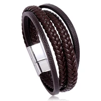 fashion multi layer simple woven leather mens bracelet magnet buckle stainless steel bracelet for friend new year jewelry gift