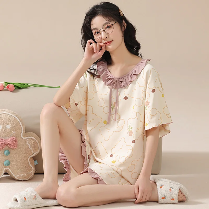 Pajamas Women's Summer Sweet Small Fresh Casual Pure Cotton Short-sleeved Shorts Two-piece Set Home Suit Breathable Sleepwear