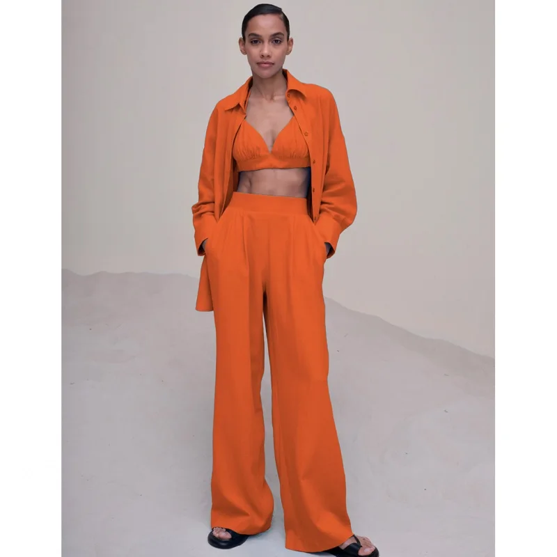 

2022 Summer Three Piece Set Women Pants Sets Vintage Boho Oversized Shirt High Waist Loose Pants Mujer Sets Woman 3 Piece Sets