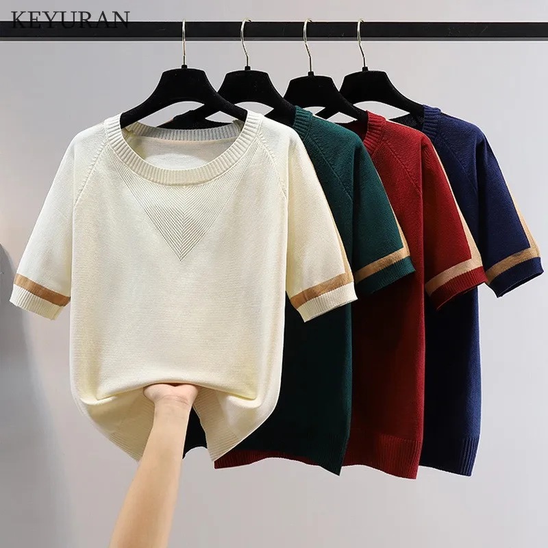 

Thin Knitted T Shirt Women Clothes 2022 Summer Woman Short Sleeve Striped Knitwear Tops Casual T-Shirt Tee Femme Camisetas Mujer