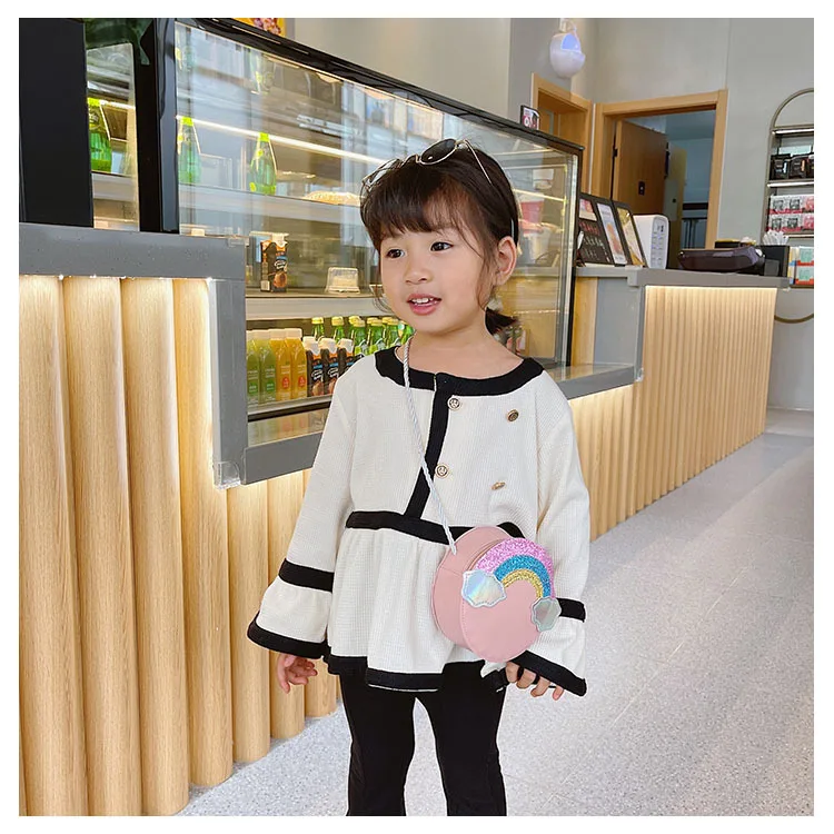 Sequined Girls Small Round Shoulder Bag Rainbow Little Kids Solid Color Coin Purses Handbag Pu Leather Children Crossbody Bags