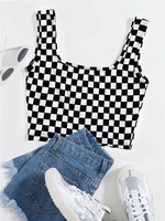 y2k checkerboard plaid pattern crop top women streetwear summer bodycon tank top shirts black and white color block clubwear