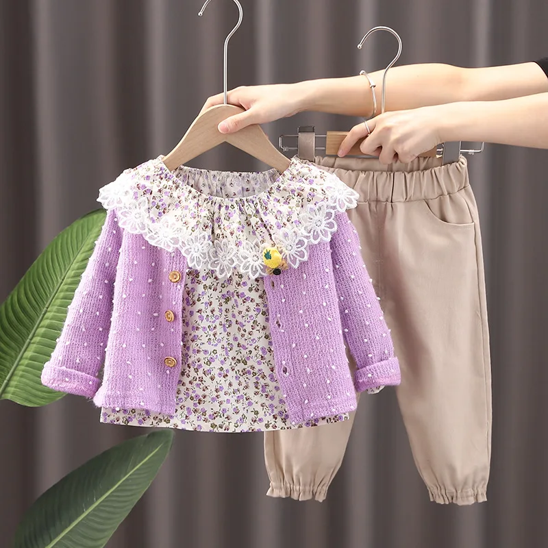 

LZH Girls Cardigan Lace Flower Collar Pants 3pce Suits 2022 Autumn Winter New Fashion Baby Casual Outfits Kids Clothes Sets 1-6Y