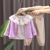 lzh girls cardigan lace flower collar pants 3pce suits 2022 autumn winter new fashion baby casual outfits kids clothes sets 1 6y