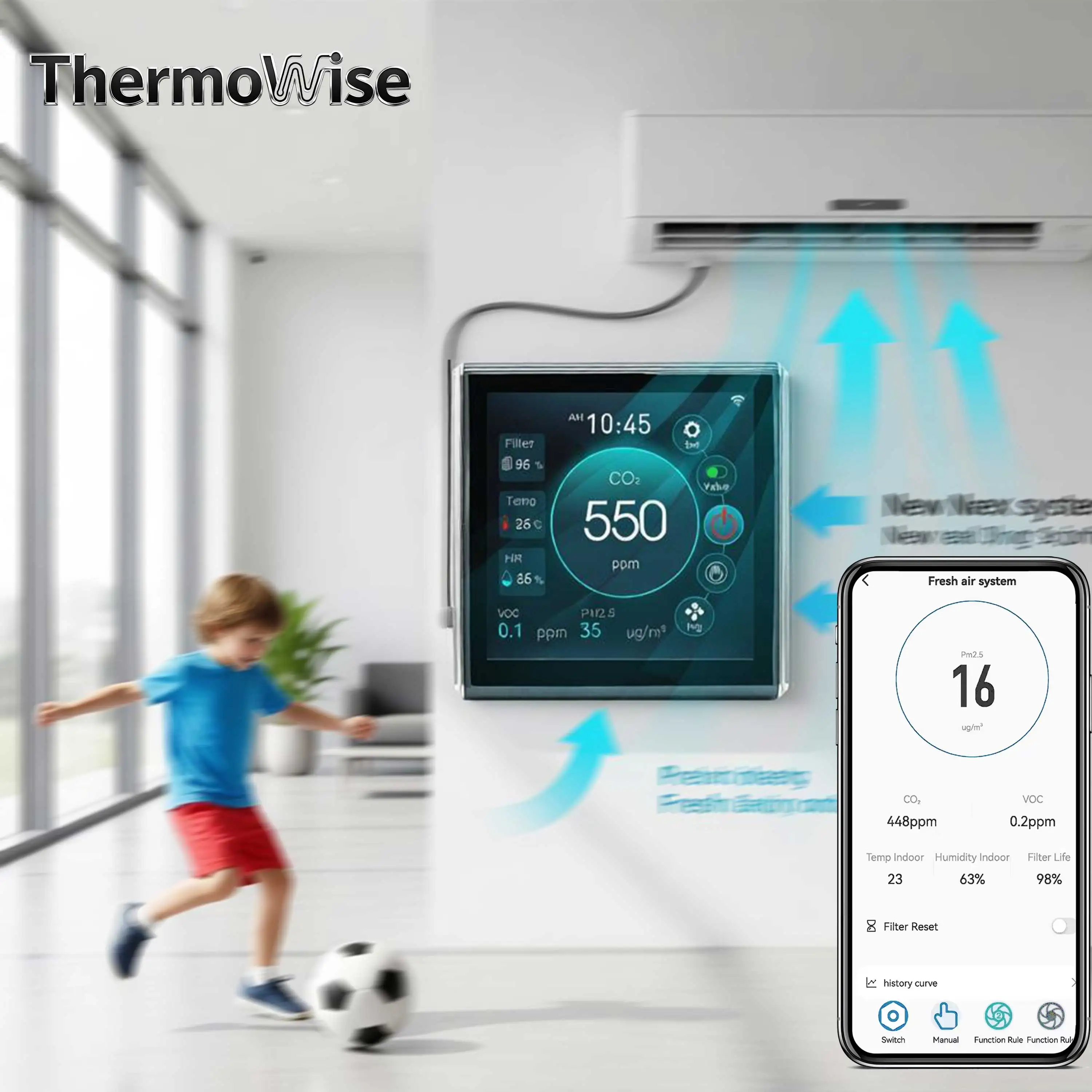 Фото Управление вентилятором ThermoWise AC/EC с Wi-Fi, цветным сенсорным экраном, регулировкой датчиков CO2/PM2.5/VOC и мониторингом температуры и влажности №2