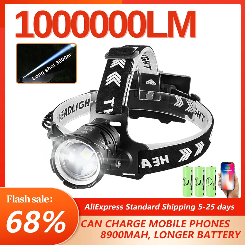 

Super Powerful 1000000LM LED Head Lamp Fishing 3 Modes Head Lantern Led Rechargeable Headlamp 18650 Outdoor Headlight Camping