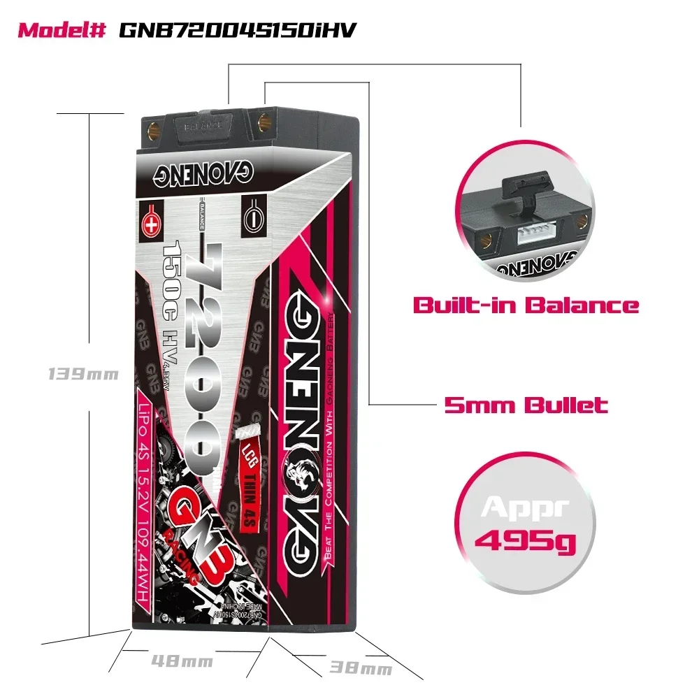 Gaoneng GNB LCG Thin 4S HV 15.2V 7200mAh 150C EC5 Hardcase Lipo battery