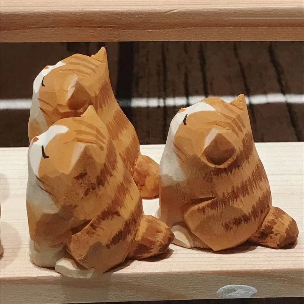 

1pcs Handmade Wooden Cat Dog Ornament Mini Cute Orange Cat Statues Doll Figurines Desktop Decoration Crafts Gift for Kids Girls