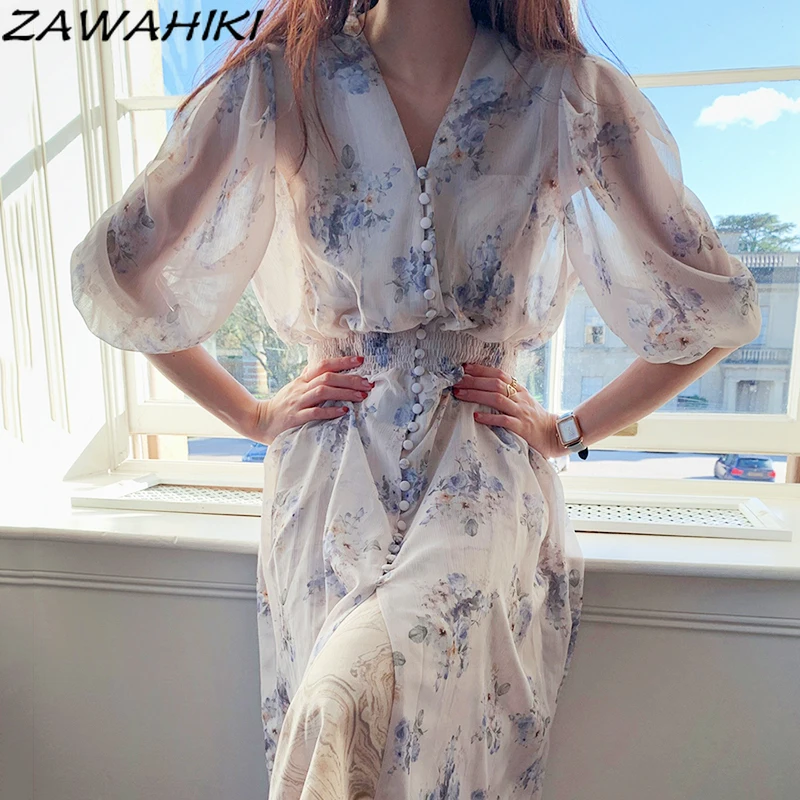 

Винтажное платье zawхитки в дворцовом стиле, женские маленькие Платья с цветочным принтом, V-образным вырезом и одним рукавом-фонариком, тонкое шифоновое платье на пуговицах