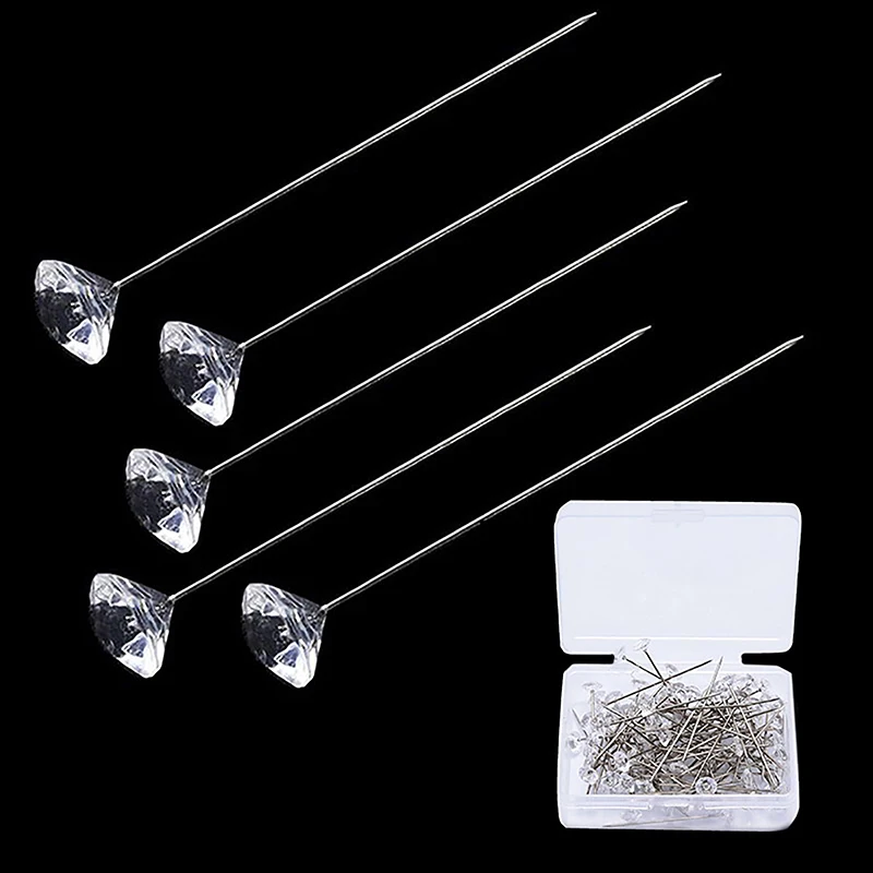 1Box 50Pcs Alloy Pins Transparent Diamond Pin DIY Wedding Bouquet Pins Stitching Needles Plastic Box Sewing Accessories