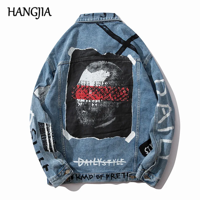 

Hip Hop Graffiti Denim Jackets for Men's Blue Jeans Jacket Spring Autumn Streetwear Multi-pocket Printed Jackets and Coats