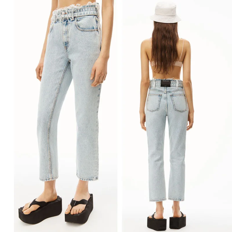 

Women High Waist Cotton Jeans Straight Raw Edge Fashion All Match Female Denim Ankle-length Pants Spring Summer 2022 new
