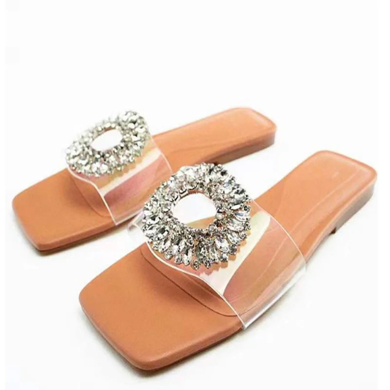 

Slippers Women Summer Luxury 2022 New PVC Transparent Crystal Square-Toe Flat Sandals Brand Woman Beach Shoes Plus Size 43