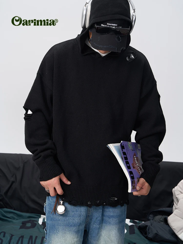 Oarimia24aw Japan fashion Retro Ripped Design Hood Knit Trendy All-Matching Outerwear Men and Women