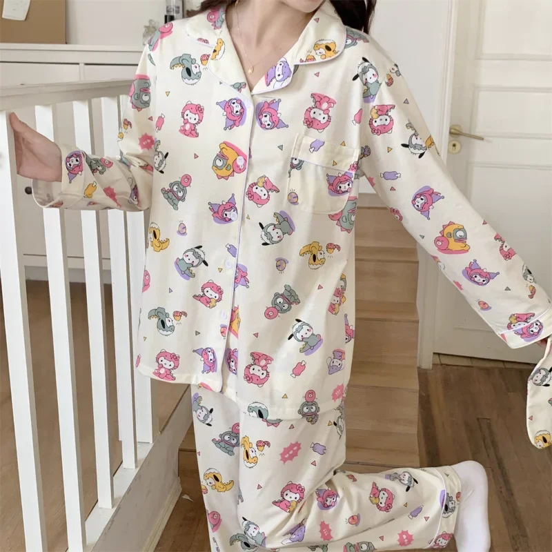 Пижама Kulomi Осенняя из чистого хлопка с длинными рукавами и мультяшным принтом