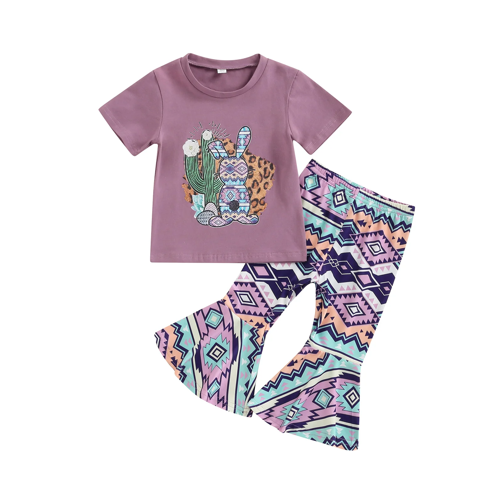 

Lioraitiin 1-6Years Toddler Children Girls' Trouser Suits Unique Printed Short-sleeved Tops Geometric Pattern Flared Pants