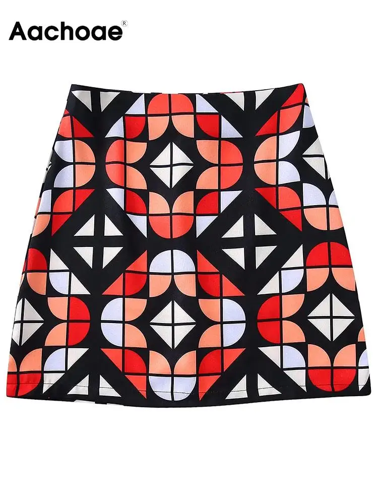 

Aachoae Women Vintage Geometric Printed Mini Skirts Casual High Waist Back Zipper Fly A Line Skirt Summer Ladies Slim Skirt