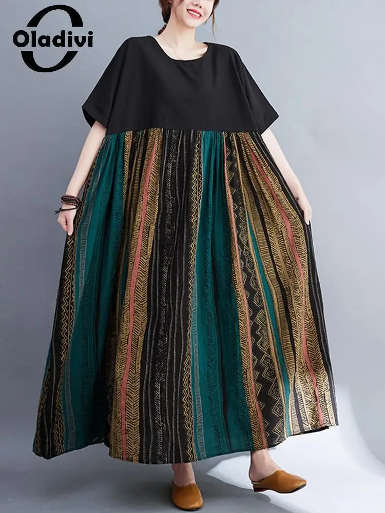 

Oladivi Large Size Women Fashion Striped Print Bohemian Dress Summer NEw Casual Loose Long Beach Dresses Oversized Clothing 9158
