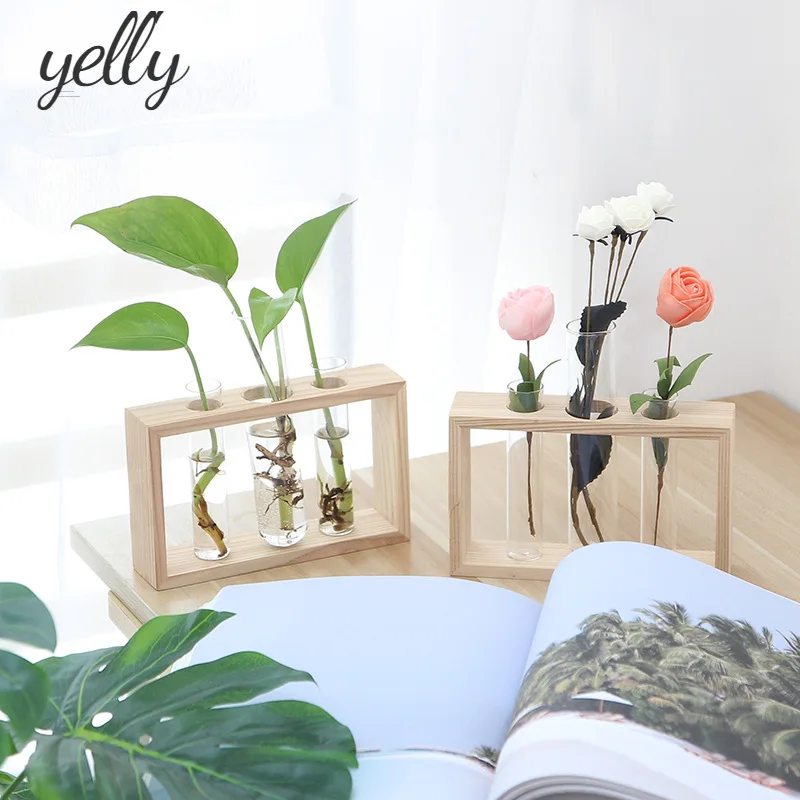 

Simplicity Glass Test Tube Vase Wooden Frame Ornaments Crystal Hydroponic Container Terrarium for Flowers Plants Pot Home Decor