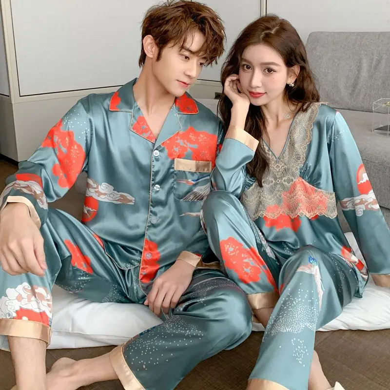 1 Couples' ice silk pajamas Spring and autumn women's suspenders nightgown sexy bathrobe men's silk home clothes nightgown suit