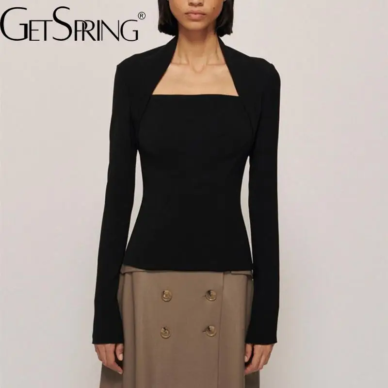 

GetSpring Women T Shirt Vintage Square Collar Full Sleeve Slim Thin Black Tshirt Solid Simple All Match Bottoming Tops 2022 New