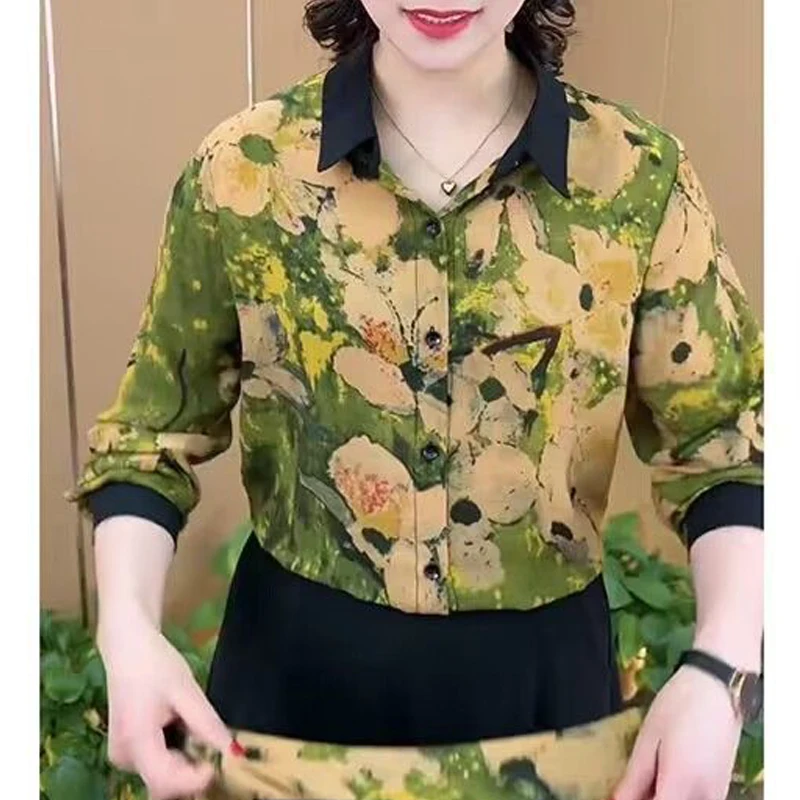

Women Clothes Vintage Printed Button Shirts Spring Autumn Fashion Turn Down Collar Long Sleeve Blouses Female Casual Loose Tops