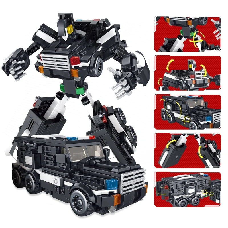 

5IN1 Transformation Robot Car Building Blocks SWAT Police Military Fire Truck City Bricks DIY Model Toys for Boys Children Gift