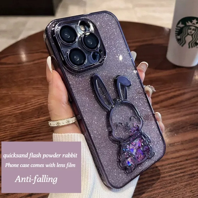 

ECHOME Cute Rabbit iPhone Case for iphone14 Pro 13 ProMax Gradual Shiny Powder Stand Shockproof Back Cover Soft Plating Case