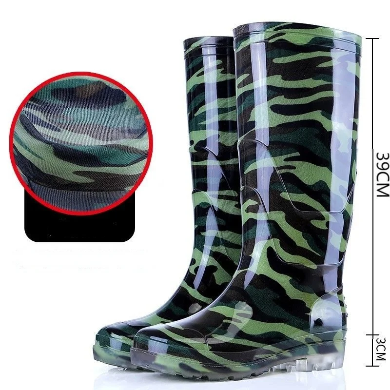 Chaussures de pêche Camouflage pour hommes, chaussures de pluie imperméables d'extérieur, peluche en caoutchouc, chaud, décontracté, mi-mollet, couverture amovible en coton