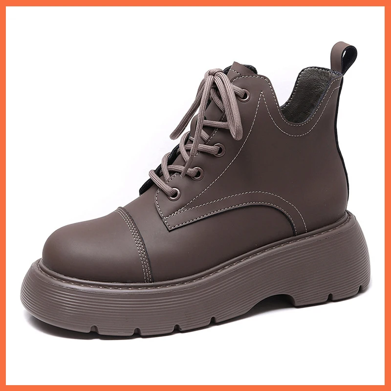 

Fashion British Style Women's Boots Round Toe Leather Shoes For Women 2022 New Lace-up Platform Ankle Boots Simple Casual Boots