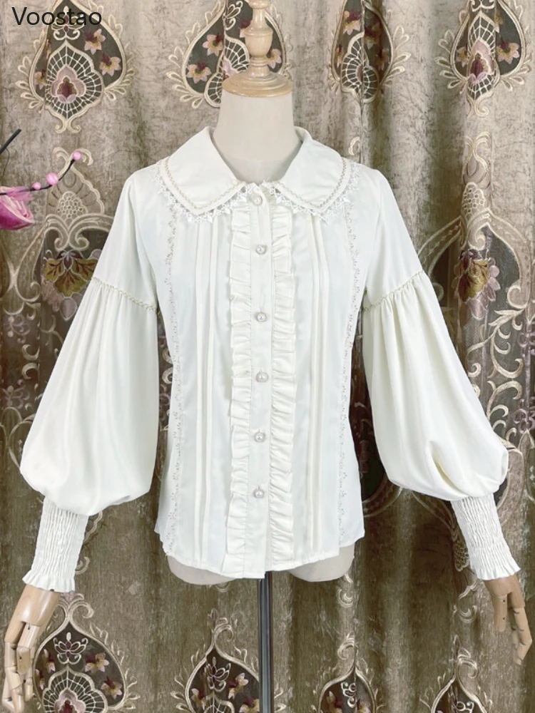 

Sweet Lolita Style Blouses Women Kawaii Peter Pan Collar Lace Ruffles Shirts Girls Vintage Gothic Lantern Sleeve Blusas Mujer