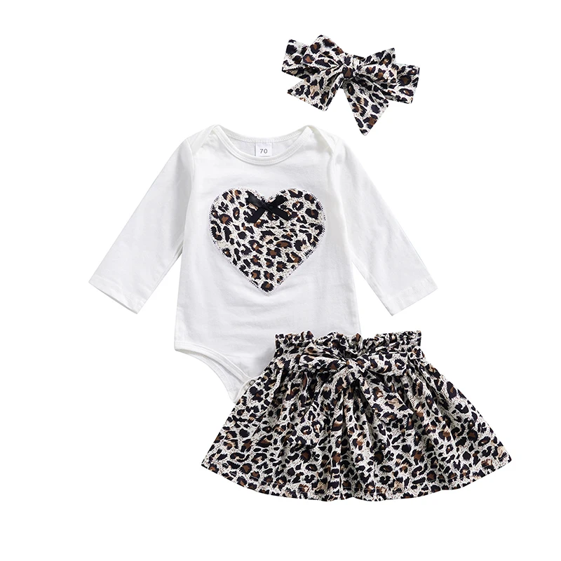 

2022 Infant Baby Girls Suit, Long Sleeve Heart Pattern Romper Tops Leopard Printed Bowknot Short Skirt Bow Headband