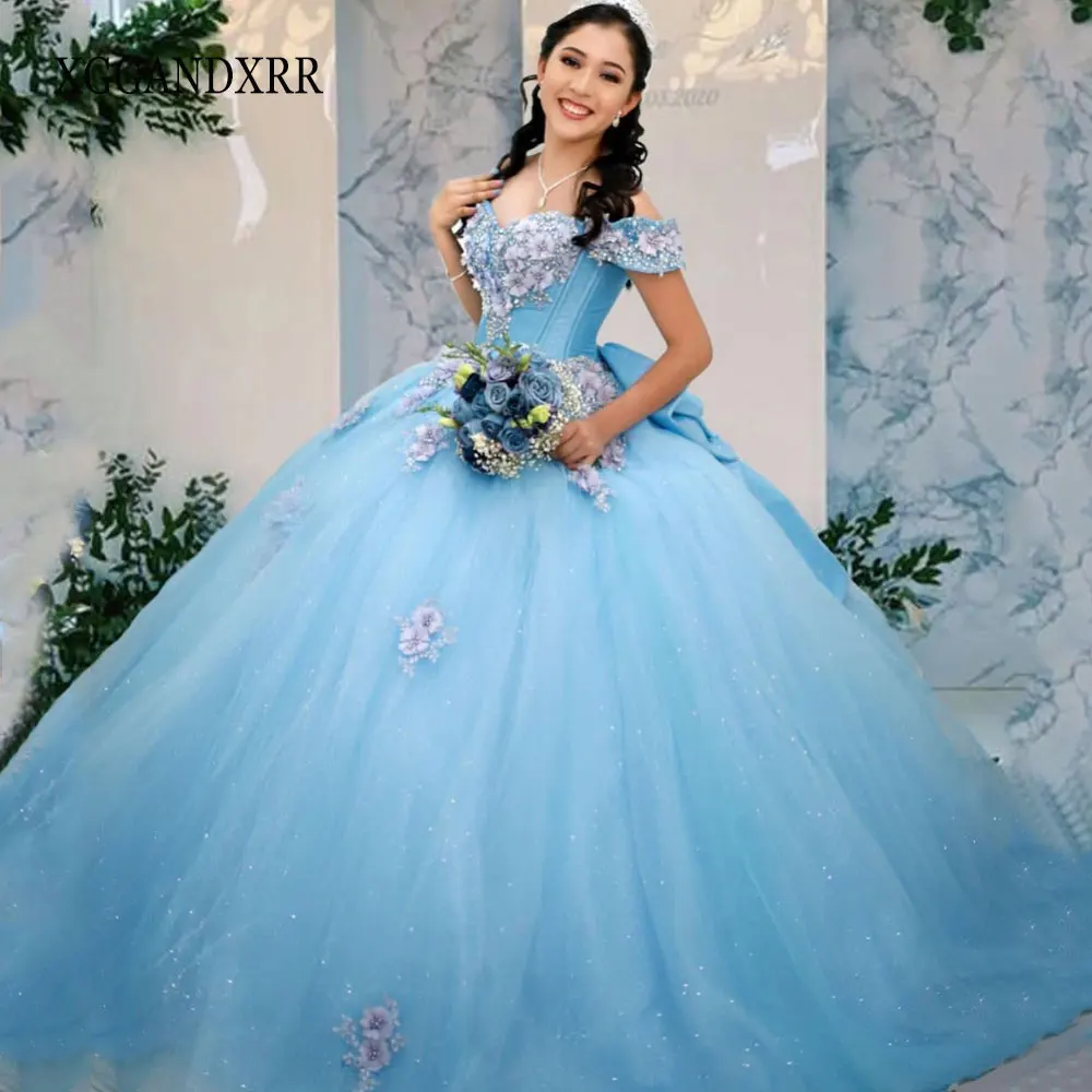 

Amazing Sky Blue Quinceanrea Dresses 2023 Sweetheart Off Shoulder Applique Prom Dress Sweet 15 16 Princess Pageant Ball Gowns