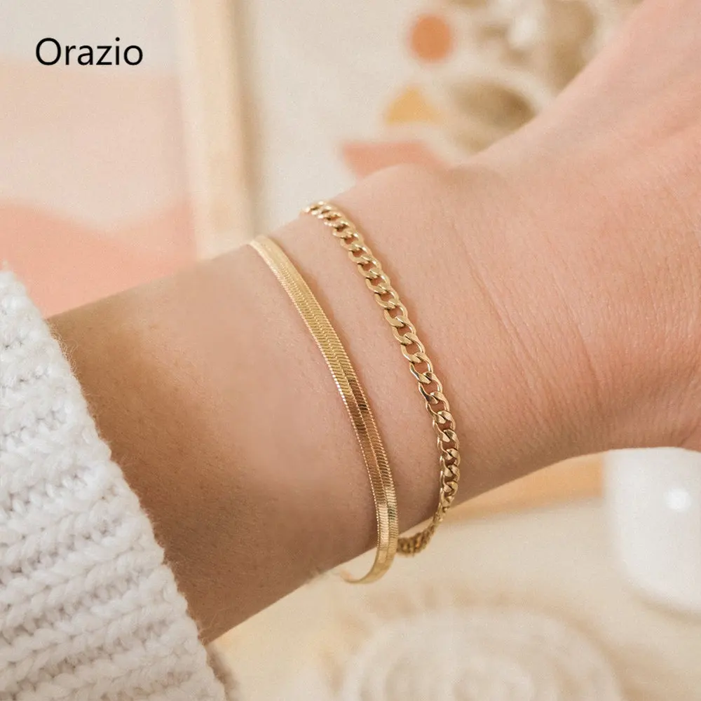 

Orazio Charm Double Layered Snake Chain Cuban Simple Bracelet 316L Stainless Steel Gold Plated Women Fashion Body Jewelry
