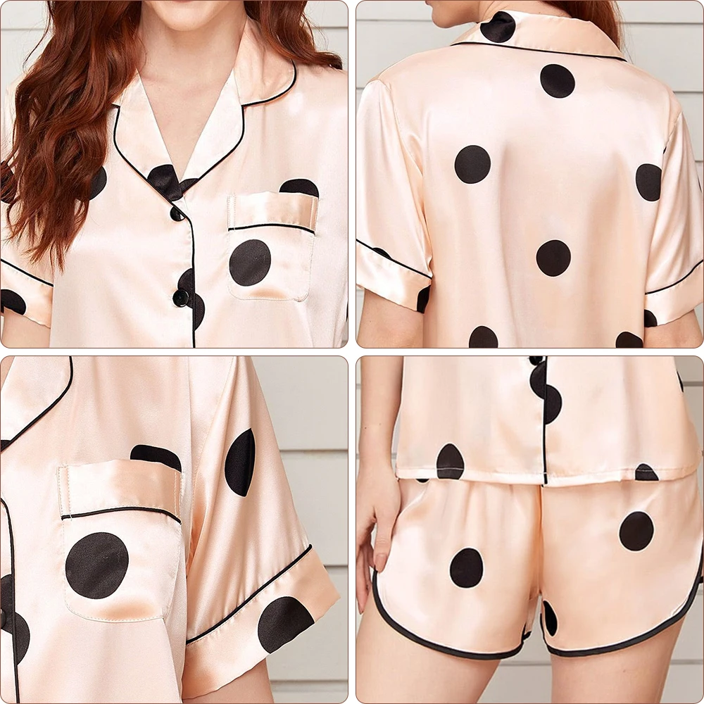 Lady Short Sleeve Shorts Pajama Set Silk Pajama Lace up Pants Cardigan Loose Fit Home Suit Cute Girl Little Round Dot Sleepwear