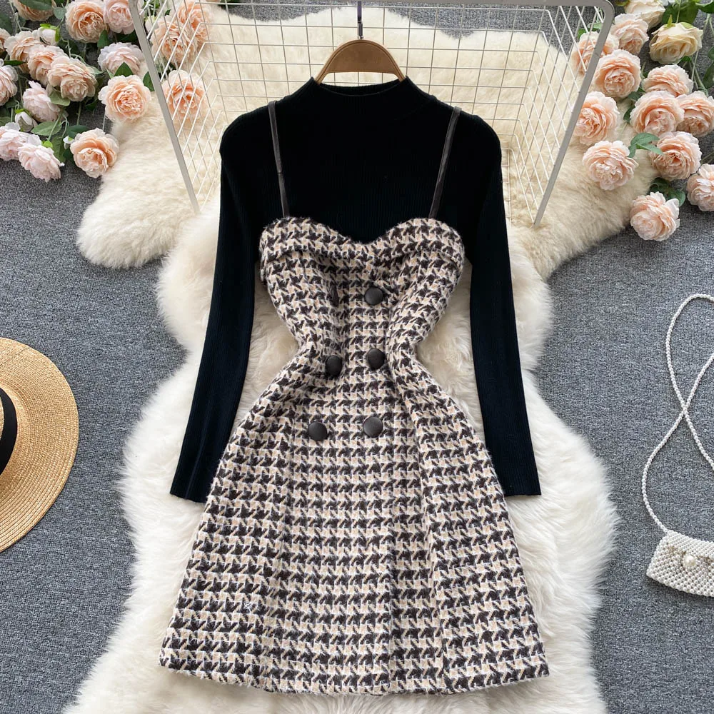 

Petite Set Women's Autumn and Winter 2021 New Knitted Top Versatile Houndstooth Suspender Dress Two-Piece Set Office Lady