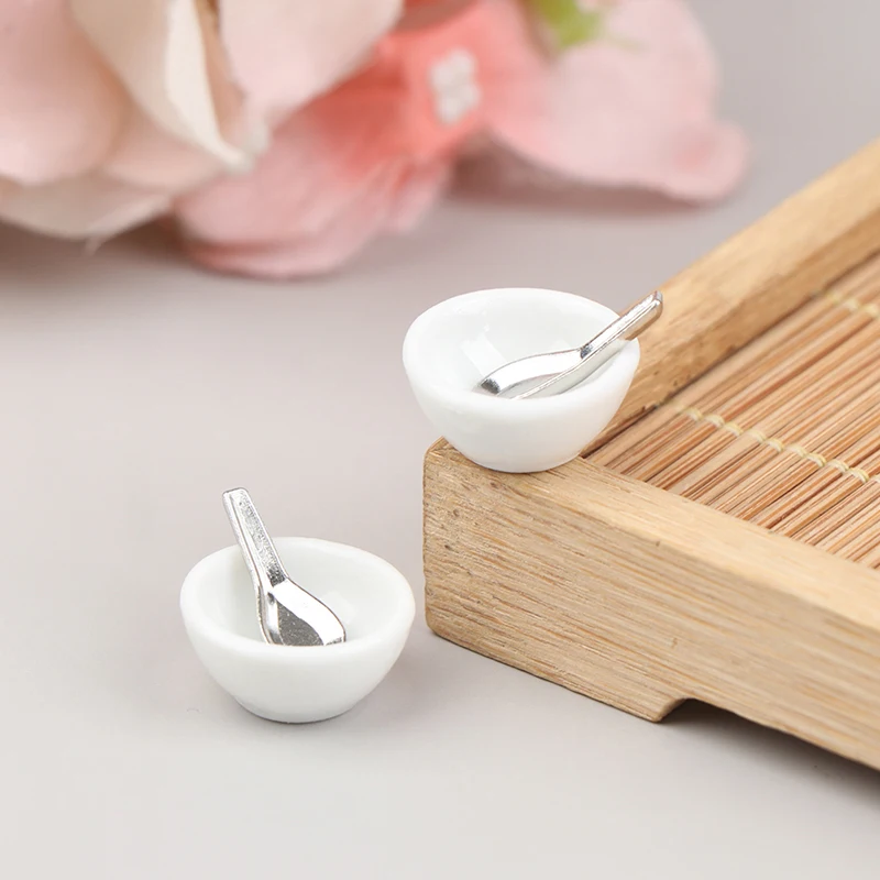 

4pcs/set 1:12 Dollhouse Miniature Mini Ceramic Bowl Soup Spoon Model Doll House Decor Toys Gift Kitchen Accessories