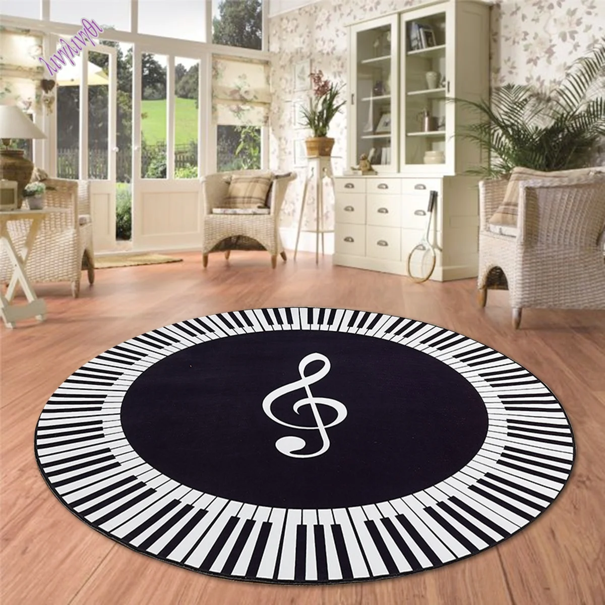 

Round Carpet Music Symbol Piano Keys Black White Carpet Anti-Slip Foot Pads Floor Decor