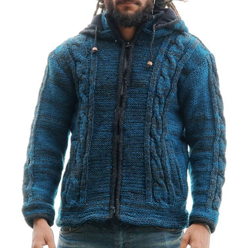 

Retro Hooded Knitted Coat For Men Autumn Winter Long Sleeve Zipper Cardigan Jumper Men's Fashion Drawstring Knitting Hoodie Tops