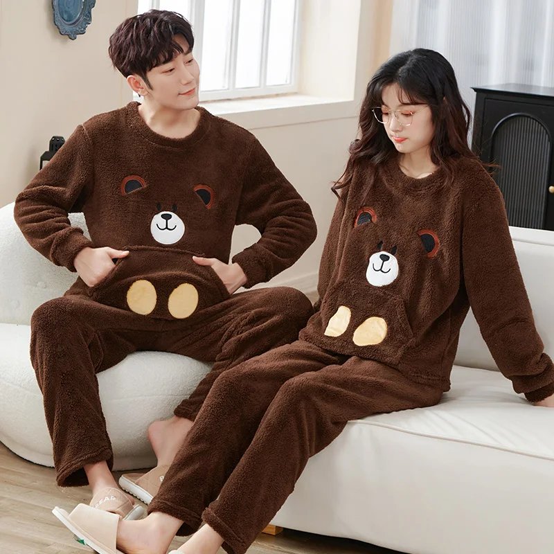 Autumn Winter Couple Pyjamas Flannel Pajamas Set Men Women Cute Cartoon Sleepwear Pijamas Mujer Warm Home Clothing