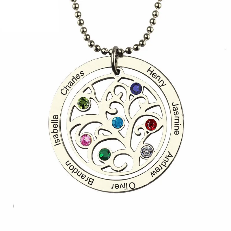 

Women Silver Necklace Custom Name Engraved Stone Necklaces Vintage Jewelry Chain Family Tree of Life Pendant Gift for Grandma