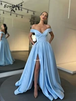 bowith baby blue evening dress sexy long party gowns elegant satin prom dresses button high slit formal christmas robe de soiree
