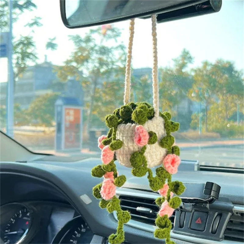 

Crochet Car Accessories Creative Cute Potted Plant Crochet Rearview Mirror Pendant Hand Knitted Car Pendant