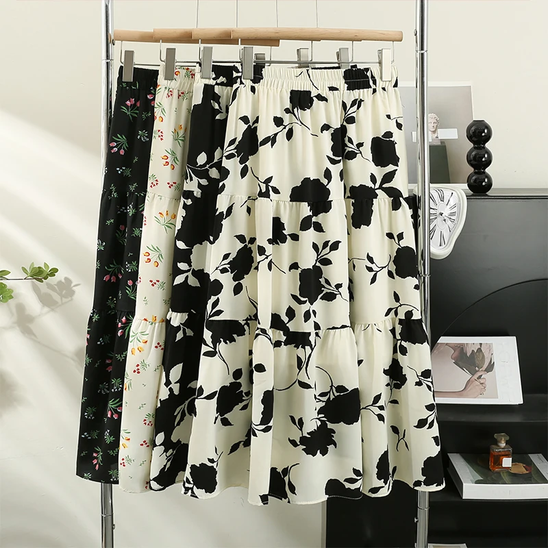 

Women Print Pleated Full Skirt High Waist Elegant Korean Fashion A-line Chiffon Skirt Casual Summer Clothing