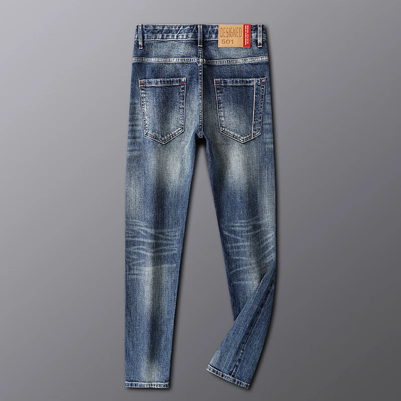 Newly Trends Fashion Men Jeans High Quality Retro Blue Elastic Slim Fit Vintage Jeans Men Redline Designer Casual Denim Pants